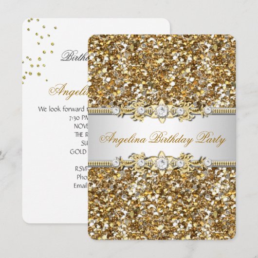 Glitter Birthday Party Gold Jewel Diamond Kaart (Voorkant / Achterkant)