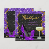 Glitter Birthday Party (Paarse gouden zwarte feest Kaart (Voorkant / Achterkant)