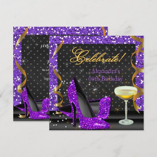 Glitter Birthday Party (Paarse gouden zwarte feest Kaart (Voorkant / Achterkant)