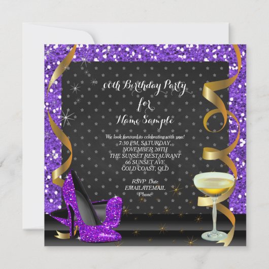 Glitter Birthday Party (Paarse gouden zwarte feest Kaart (Achterkant)