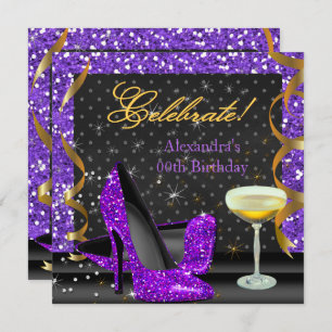 Glitter Birthday Party (Paarse gouden zwarte feest Kaart
