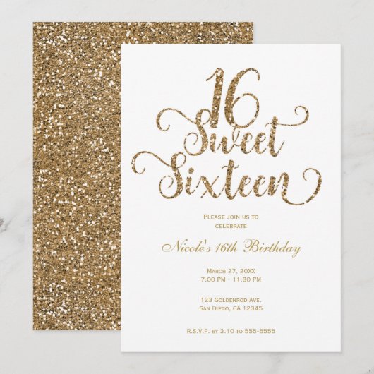 Glitter Birthday Party (Zoete 16 witte en gouden g Kaart (Voorkant / Achterkant)