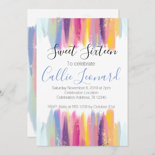 Glitter Birthday, Waterverf met zoete zestien Kaart (Voorkant / Achterkant)