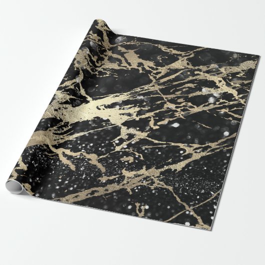 Glitter Black Foxier Gold Marble Shiny Metallic Cadeaupapier (Uitgerold)