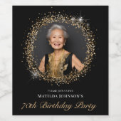 Glitter Black Gold 70th Birthday Wijn Etiket (Enkel label)