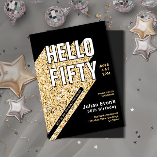 Glitter Black & Gold Bold Typografie 50ste Verjaar Kaart