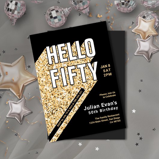 Glitter Black & Gold Bold Typografie 50ste Verjaar Kaart