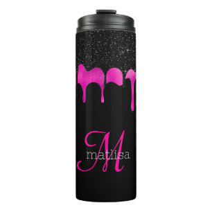 Glitter Black & Hot Pink-monogram voor meisjes Thermosbeker