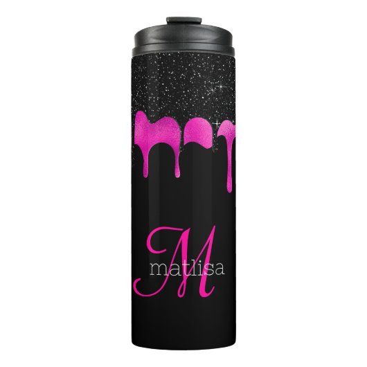 Glitter Black & Hot Pink-monogram voor meisjes Thermosbeker (Voorkant)