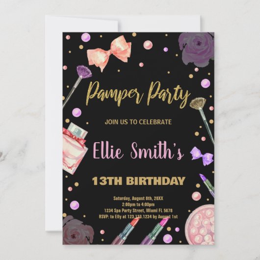 Glitter Black Pamper Party Uitnodigingen Verjaarda (Voorkant)