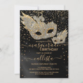 Glitter Black Silk Masquerade Birthday Invita Kaart (Voorkant)