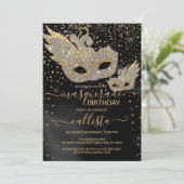 Glitter Black Silk Masquerade Birthday Invita Kaart (Staand voorkant)