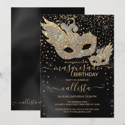 Glitter Black Silk Masquerade Birthday Invita Kaart (Voorkant / Achterkant)