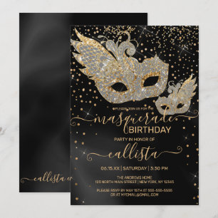 Glitter Black Silk Masquerade Birthday Invita Kaart
