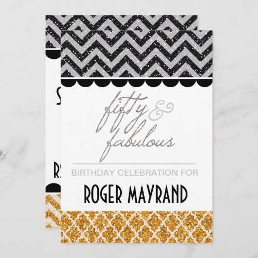 Glitter Black, Silver en Gold Birthday Invite Kaart (Voorkant / Achterkant)