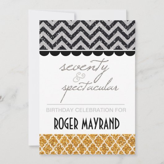 Glitter Black, Silver, Gold 70th Birthday Invite Kaart (Voorkant)