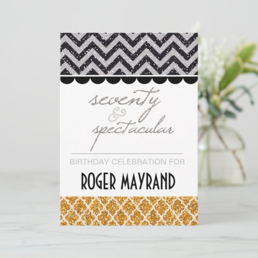 Glitter Black, Silver, Gold 70th Birthday Invite Kaart (Staand voorkant)