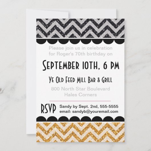 Glitter Black, Silver, Gold 70th Birthday Invite Kaart (Achterkant)