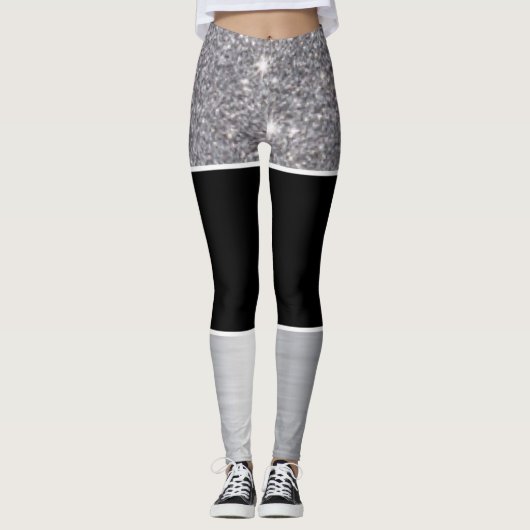 Glitter Black Silver Pattern Afdrukontwerp Leggings (Voorkant)