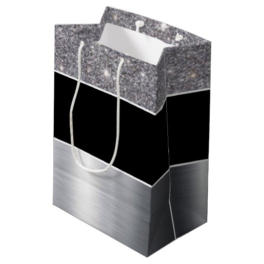 Glitter Black Silver Pattern Afdrukontwerp Medium Cadeauzakje (Achterkant Gekanteld)