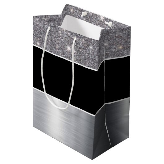 Glitter Black Silver Pattern Afdrukontwerp Medium Cadeauzakje (Voorkant Gekanteld)