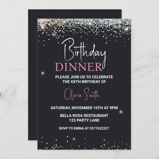 Glitter Black Sparkle Verjaardagsdiner Kaart (Voorkant / Achterkant)