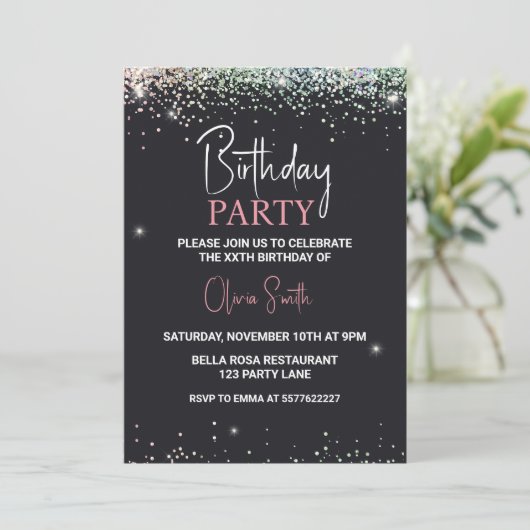 Glitter Black Sparkle verjaardagsfeestje Kaart (Staand voorkant)