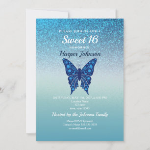 Glitter Blau Sweet 16 Verjaardagsuitnodiging Kaart