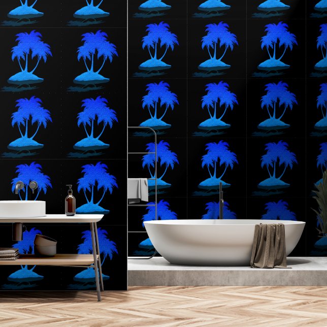 Glitter Blauw Palm Exotic Island Custom Kleur Zwar Behang (Badkamer)