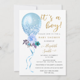 Glitter Blauwe Bloemige Ballon Jongen Baby Shower Kaart