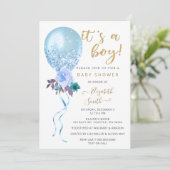 Glitter Blauwe Bloemige Ballon Jongen Baby Shower Kaart (Staand voorkant)