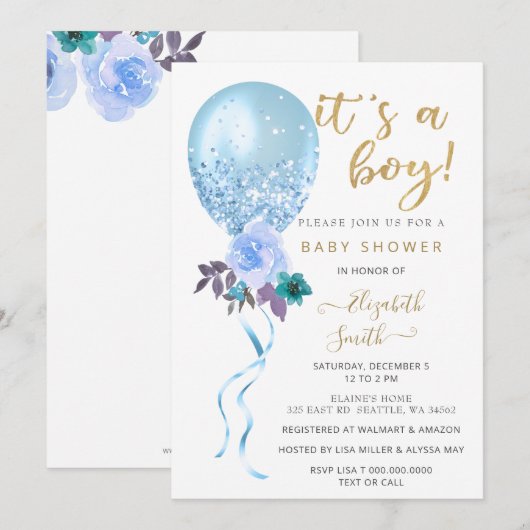 Glitter Blauwe Bloemige Ballon Jongen Baby Shower Kaart (Voorkant / Achterkant)