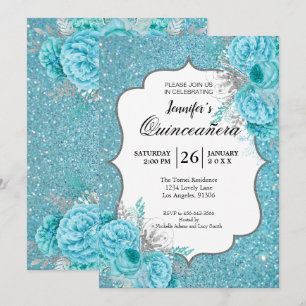 Glitter Blauwe Bloemige Quinceanera Uitnodiging