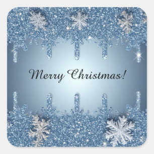 Glitter Blauwe Sneeuwvlok Frame Met IJskristallen Vierkante Sticker