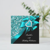 Glitter Blauwgroen Blue Heart Bow Black Birthday P Kaart (Staand voorkant)