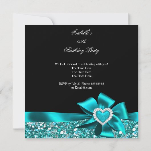 Glitter Blauwgroen Blue Heart Bow Black Birthday P Kaart (Achterkant)