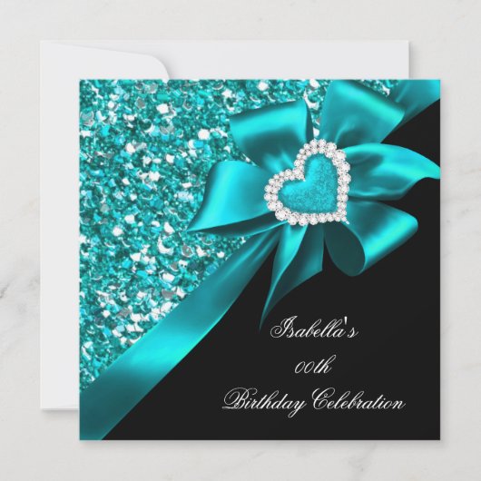 Glitter Blauwgroen Blue Heart Bow Black Birthday P Kaart (Voorkant)