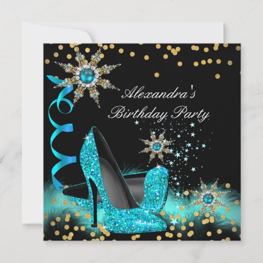 Glitter Blauwgroen Blue High Heels Black Birthday  Kaart (Voorkant)