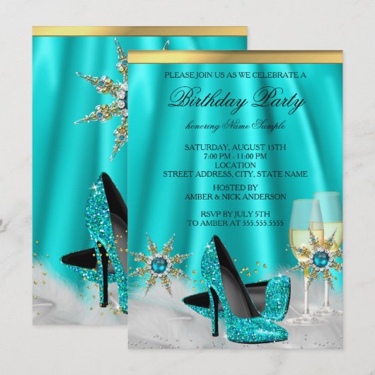Glitter Blauwgroen Blue High Heels Gold Champagne Kaart (Voorkant / Achterkant)