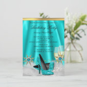 Glitter Blauwgroen Blue High Heels Gold Champagne Kaart (Staand voorkant)