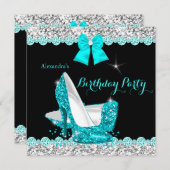 Glitter Blauwgroen Blue High Heels Silver Birthday Kaart (Voorkant / Achterkant)
