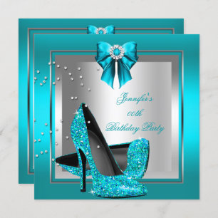 Glitter Blauwgroen Blue High Hiel Silver Birthday  Kaart