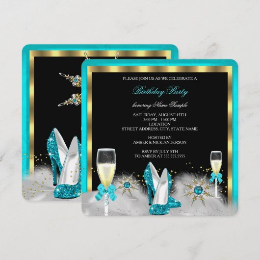 Glitter Blauwgroen High Heels Black Gold Champagne Kaart (Voorkant / Achterkant)