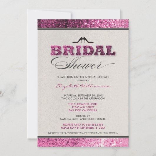Glitter Bling Bridal Shower Invitation (fuchsia) Kaart (Voorkant)