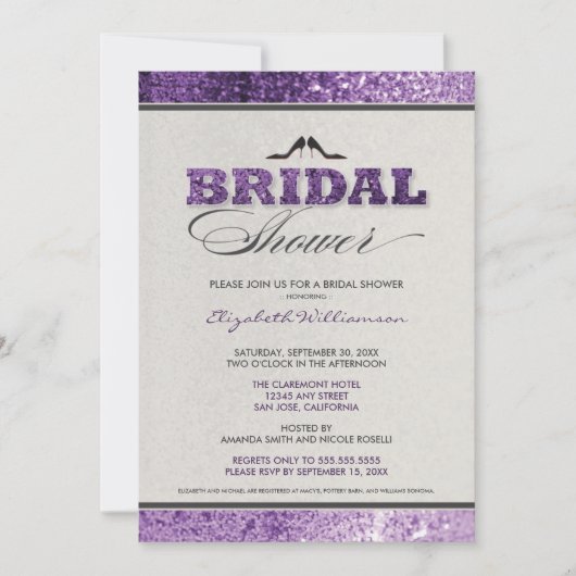 Glitter Bling Bridal Shower Invitation (paars) Kaart (Voorkant)