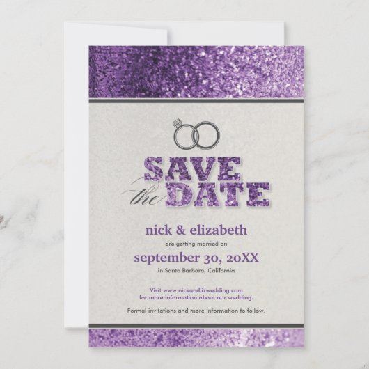 Glitter Bling Save the Date Aankondiging (paars) (Voorkant)