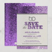 Glitter Bling Save the Date Aankondiging (paars) (Voorkant / Achterkant)