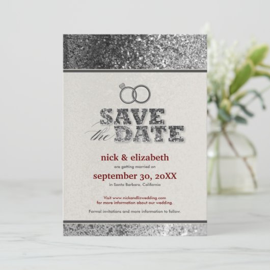 Glitter Bling Save the Date Announcement (zilver) (Staand voorkant)