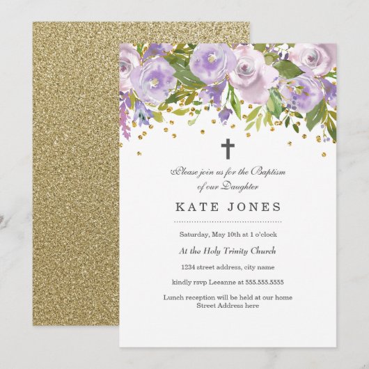 Glitter Bloem Paars Doop Uitnodiging (Voorkant / Achterkant)