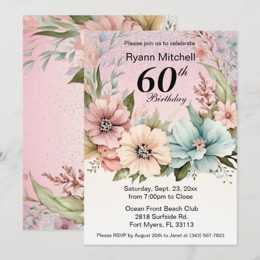 Glitter Bloem Verjaardagsfeestje Kaart (Voorkant / Achterkant)